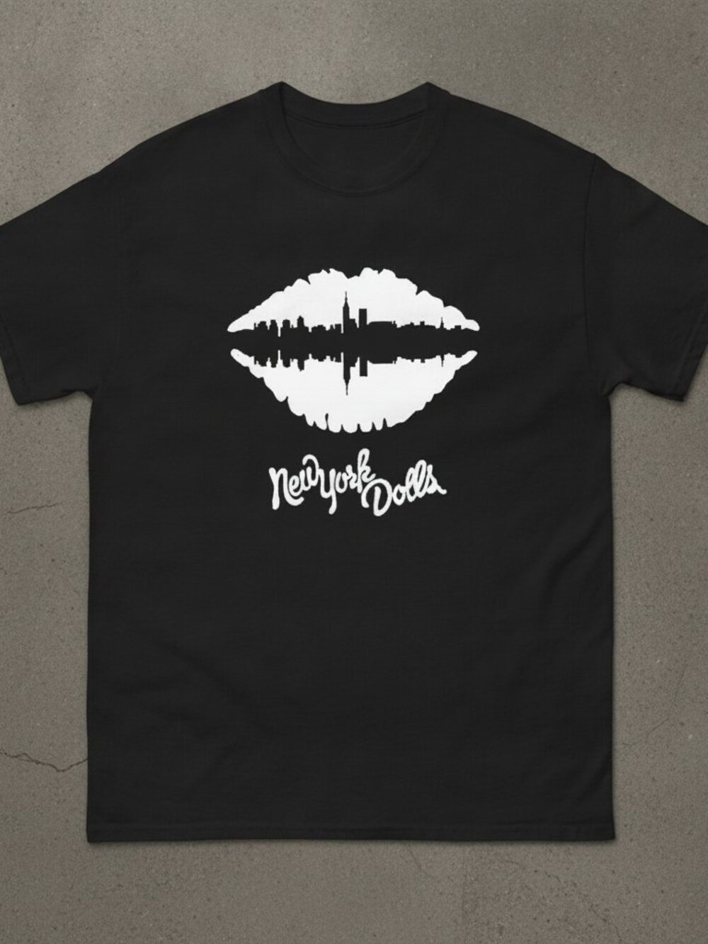New York Dolls Skyline Lips Logo Punk Rock Vintage Black T-Shirt